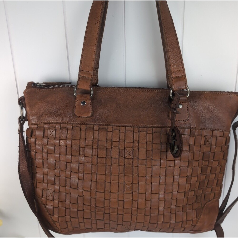 Vilenca Holland Woven Leather Shoulder Bag Laptop Tote Travel Cognac Crossbody
